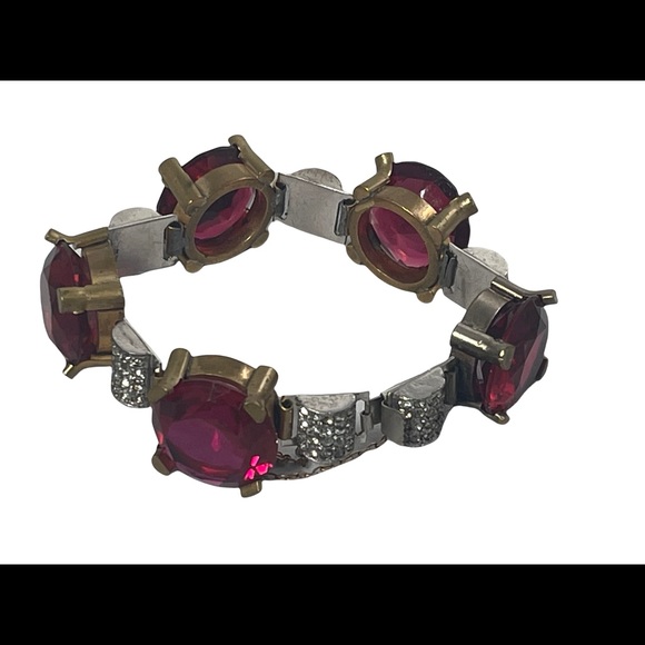 Vintage chunky brass ruby rhinestone crystal bracelet 1940s - Picture 9 of 12